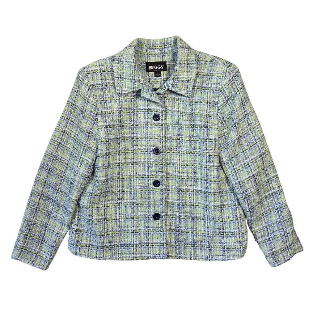 Briggs Petite Womens M Tweed Plaid Blazer Jacket Lime Green Button Up Career
